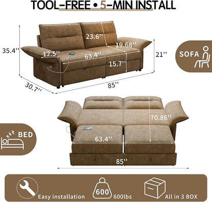 85'' Sofa Bed Full, Assembly, 3 in 1 Sleeper Sofa Beds, Flannel Pull Out Couch for Living Room, Charging & Adjustable Armrest, Comfy Loveseat for Small Space, Flannel Brown