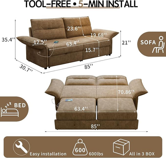 85'' Sofa Bed Full, Assembly, 3 in 1 Sleeper Sofa Beds, Flannel Pull Out Couch for Living Room, Charging & Adjustable Armrest, Comfy Loveseat for Small Space, Flannel Brown