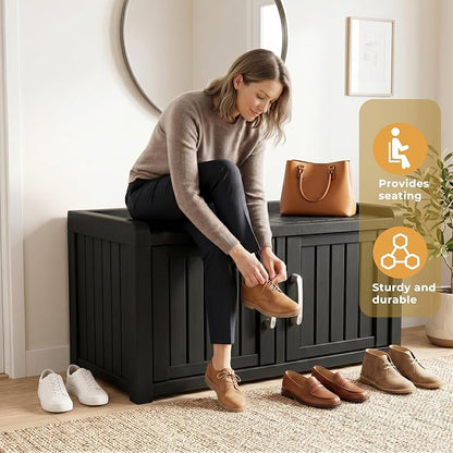 ROJIK Shoe Cabinet Waterproof UV-Resistant,Storage Bench Indoor Outdoor with Adjustable Shelves,for Entryway Bedroom,Hallway,Living Room(Double Door,Black)