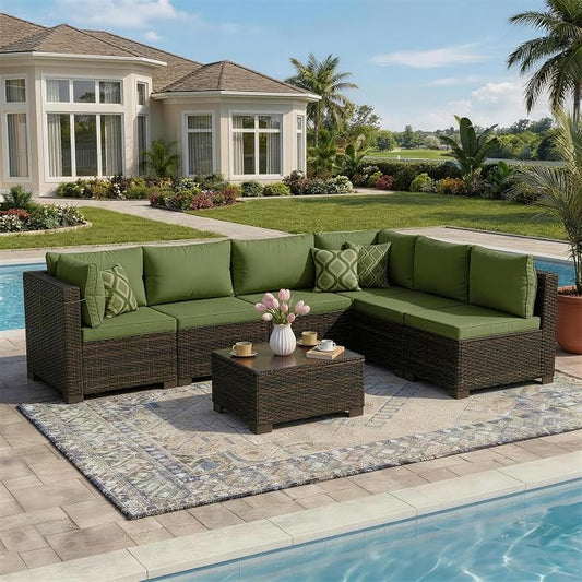 LAFWELL 7 Pieces Outdoor Patio Furniture Sets,Rattan Conversation Sectional Set,Manual Weaving Wicker Patio Sofa with Tea Table