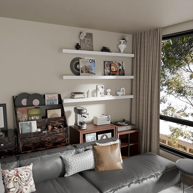 Floating Shelves for Wall, 60 Inch Extra Long White Wall Shelves, Set of 3, Hanging Invisible Brackets Floating Shelves for Living Room,Bedroom,and Kitchen