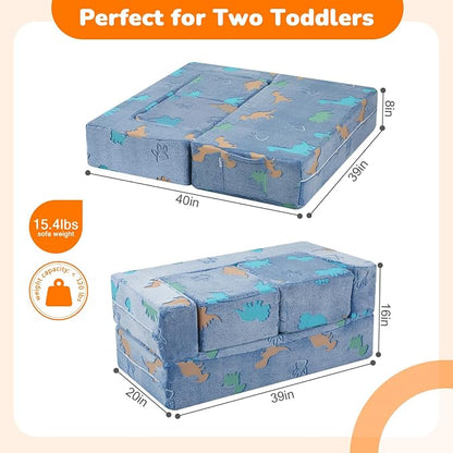 MeMoreCool Modular Kids Couch Dinosaur, Glow Dino Play Toddler Couch for Bedroom, Convertible Foam Kids Sofa Bed, Fold Out Baby Sofa for Girl Boy