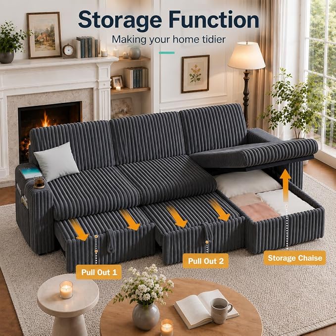 Vipbear 101" Sectional Sleeper Sofa with Pull Out Bed,5-Level Adjustable Backrest,3 Seat Modular Couch with Storage,Tool Free Assembly,USB & Cup Holders, Corduroy Sofa for Living Room, Dark Gray