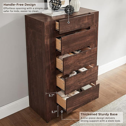 OKD 5 Drawer Dresser for Bedroom, 48" Tall Dresser Chest of Drawers with Thick Wood Design, Handleless, Modern Bedroom Dresser, Storage Organizer for Living Room/Entryway, Dark Walnut