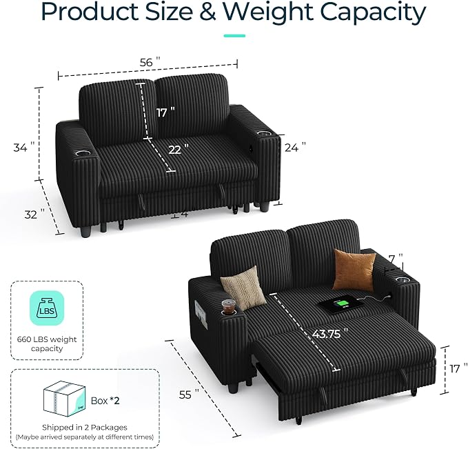 LINSY Home 56" Sectional Couch with Pull Out Bed, Modular Loveseat Sleeper Sofa, Corduroy Convertible Sofa Bed, Cup Holder|USB Charging|Side Pocket, Living Room, Bedroom, Apartment, Black