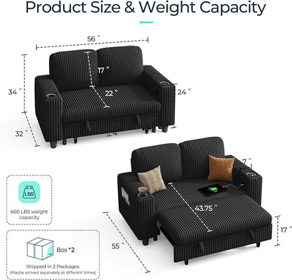 LINSY Home 56" Sectional Couch with Pull Out Bed, Modular Loveseat Sleeper Sofa, Corduroy Convertible Sofa Bed, Cup Holder|USB Charging|Side Pocket, Living Room, Bedroom, Apartment, Black