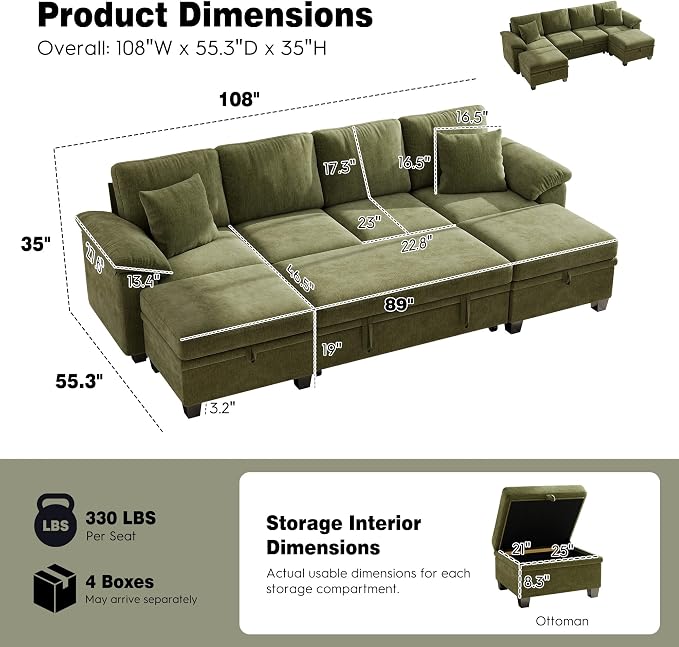 Ihanherry 108" Modular Sectional Sofa with Pull Out Bed, 6-Seater U Shaped Sectional Sleeper Couch with Storage Ottoman, Chenille Convertible Couches for Living Room, Apartment (Green)