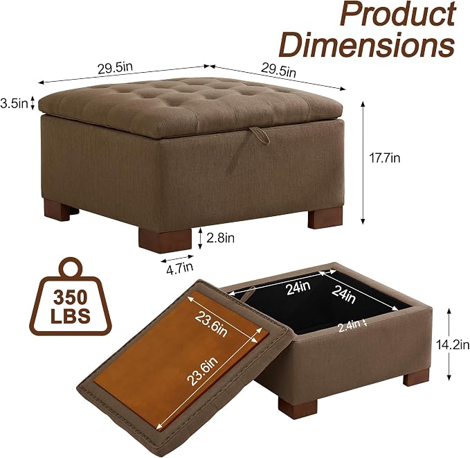 WUTUTUEE 30" Fabric Square Storage Ottoman with Wooden Tray, Modern Tufted Button Footstool Coffee Table, Upholstered Large Ottoman for Living Room, Bedroom, Brown