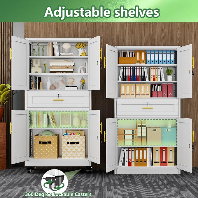 Lockable Metal Storage Cabinet, 71" Tall White Cabinet with Wheels | Garage Storage Cabinet with Drawers, 3 Adjustable Shelves and Lock, Steel Construction – Suitable for Office, Home, School