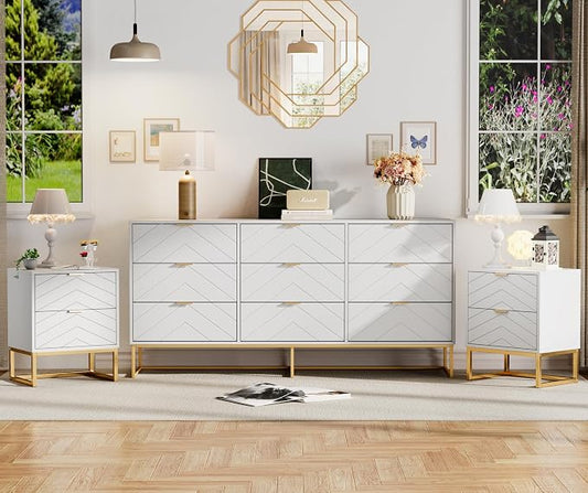 Anbuy Morden 9 Drawer Dresser and Nightstand Sets for Bedroom, Night Stand Set of 2 & 9 Drawer Dresser with Gold Handles, Morden Wood Chest of Drawers Storage Cabinet Set, White