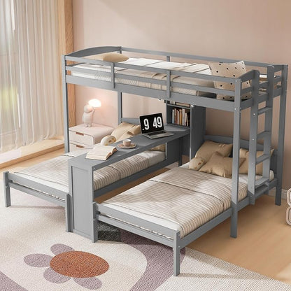 VilroCaz Twin Over Twin & Twin Bunk Bed with Built-in Desk and Storage Shelves, 3 Beds in 1 Design Solid Wood Triple Bunk Bed with Reading Lamp and Guardrails for Kids Teens Aldults (Gray-2.14)