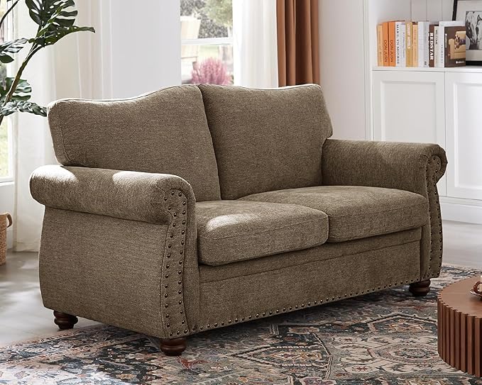 ONBRILL Nailhead Sofa, 66 Inch Small Couch with Rolled Arms, Chenille Fabric Loveseat w/Springs Seat Cushion, Vintage Curved Back, Turned Wood Legs, Comfy Couch for Living Room, Farmhouse, Brown