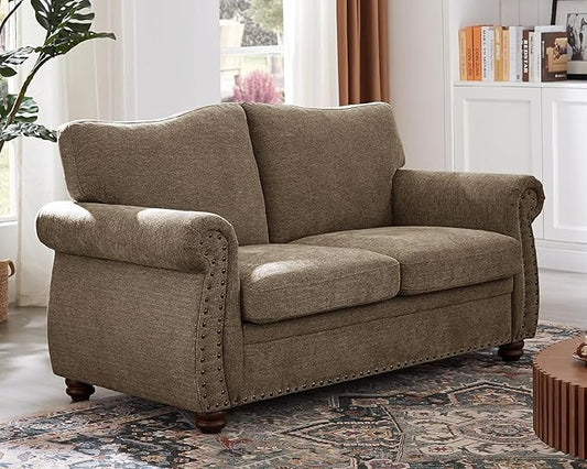 ONBRILL Nailhead Sofa, 66 Inch Small Couch with Rolled Arms, Chenille Fabric Loveseat w/Springs Seat Cushion, Vintage Curved Back, Turned Wood Legs, Comfy Couch for Living Room, Farmhouse, Brown