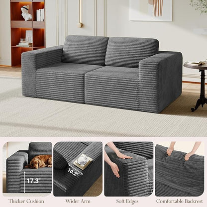 Vesgantti 80" Modular Sectional Sofa, Corduroy Cloud Couch with Deep Seating & Spring Support, 2 Seater Compact Modular Couch, Boneless Sectional Sofa for Small Spaces, No Assembly Required, Grey