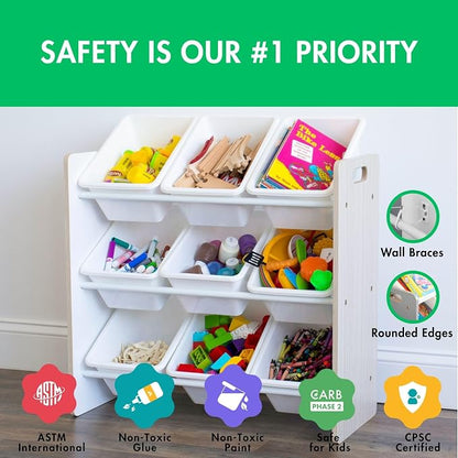 Humble Crew Toy Storage Organizer with 9 Removable Storage Bins for Kids Playroom, 3-Tier Toddler Toy Organization, Light Wood/White