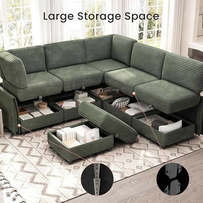 KKL Modular Sectional Couches V-Shaped 6 Seater Sofas with Storage Ottoman for Living Room, Convertible L/J-Shaped Modular Sectional Sofa Bed Plush Wide-Wale Corduroy Couch, Apartment, Green