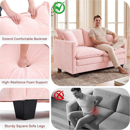 Loveseat Sofa Couch 2 Piece Set, Small Compact 50" Love Seat 27" Deep Cloud Sofa Set Washable Chenille Pillow Living Room Set for Apartment Office 8833-PINK-2+2