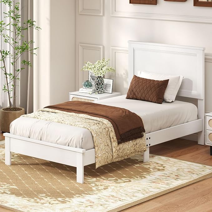 GOFLAME Twin Size Wood Bed Frame, Mid-Century Modern Platform Bed with Headboard, Solid Wood Legs, Mattress Foundation with 12 Wooden Slats, No Box Spring Needed, White