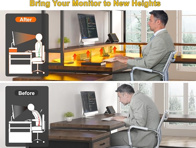 EnHomee 104" L Shaped Desk, 4 Layout Convertible RGB Lights & Monitor Stand | 4-layout l shaped home workstation, 64–104“expandable, charging ports, dual mounts & storage for remote workers, designers