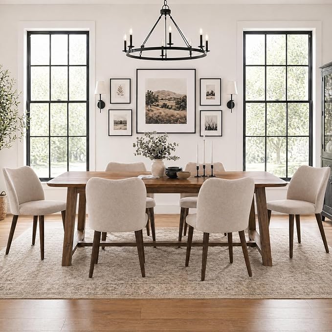 COLAMY Upholstered Dining Chairs Set of 6, Modern Kitchen & Dining Room Chairs with Curved Back, Fabric Padded Seat and Solid Wood Legs, Side Chairs for Restaurant, Cafe & Home, Camel