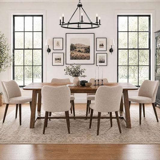 COLAMY Upholstered Dining Chairs Set of 6, Modern Kitchen & Dining Room Chairs with Curved Back, Fabric Padded Seat and Solid Wood Legs, Side Chairs for Restaurant, Cafe & Home, Camel