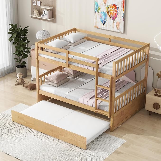 Harper & Bright Designs Convertible Wood Full-Over-Full Bunk Bed with Trundle and Ladder - Can Be Divided Into Two Platform Beds, White Oak