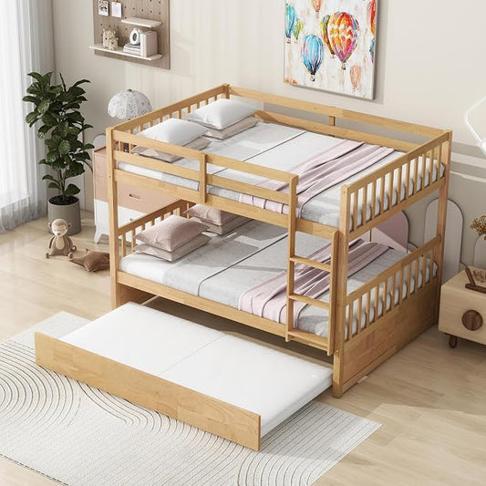 Harper & Bright Designs Convertible Wood Full-Over-Full Bunk Bed with Trundle and Ladder - Can Be Divided Into Two Platform Beds, White Oak