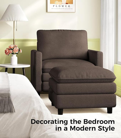 Welzona 3-Layers Cloud Accent Chair with Ottoman, 33" Comfy Reading Chair for Bedroom, Living Room, Tool-Free Assembly with Teddy Fabric Arm Chairs and Ottoman Set, Brown, Removable Washable Cover
