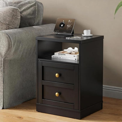 RoyalCraft Black Nightstand Set of 2, Small End Table with Storage Shelf and Door, Faux Two-Drawer Design Side Table, Modern Night Stand for Bedroom Dorm, Wood Beside Table for Small Spaces