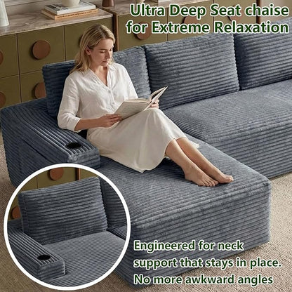 104.3" Modular Sectional Sofa,Modern Corduroy Cloud Couch with Cup Holder & Side Pockets,Boneless Couch Upholstered 3-Seater L-Shaped Sofa for Living Room,No Assembly (Dark Grey, Left-Facing Chaise) | with Cup Holder