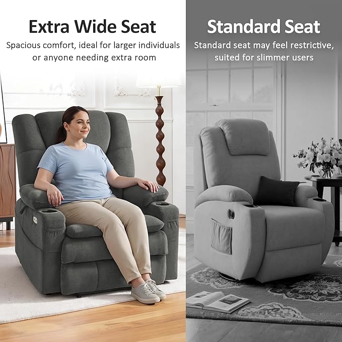 MCombo Big Man Power Lay Flat Lift Chair, Triple Motor Power Lift Recliner with Massage & Dual Heating, Adjustable Headrest, Fabric R7524 (Grey, Medium-Wide)