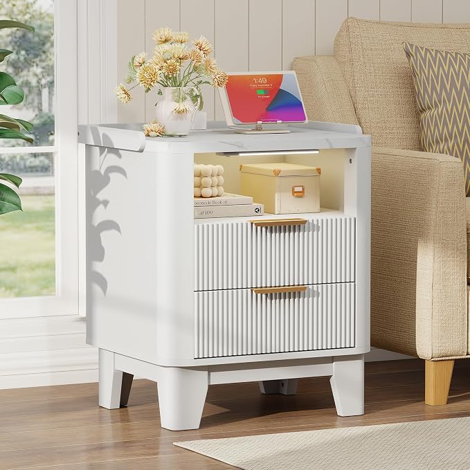 Baoz White Fluted Nightstand with Charging Station & 2 Drawers for Bedroom | 20" Wide Mid Century Modern Bedside Table Wood Faux Marble Top Curved Profile Design 27in Tall LED Night Stand