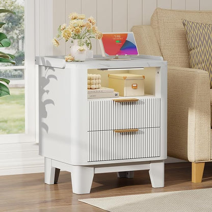 Baoz White Fluted Nightstand with Charging Station & 2 Drawers for Bedroom | 20" Wide Mid Century Modern Bedside Table Wood Faux Marble Top Curved Profile Design 27in Tall LED Night Stand