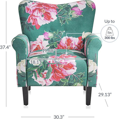 BELLEZE Modern Accent Chair, High Back Armchair, Upholstered Wingback Side Chair, Padded Single Sofa with Wooden Legs for Living Room, Bedroom - Green & Flower