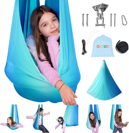 OUTREE Sensory Swing for Kids with 360° Swivel Hanger, Indoor Therapy Swing Great for Autism, ADHD, Sensory Processing Disorder, and Autistic Children (Blue/White)