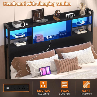 Aheaplus Headboard for Twin Size Bed with Storage, Headboards with LED Light, Power Outlets, USB Ports Twin Size Head Board, Wood headboard Only Sturdy and Stable Headboards, Modern, Black
