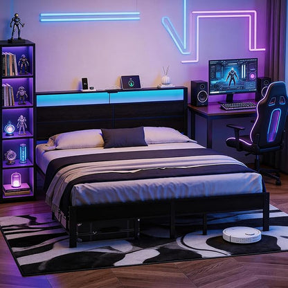 King Size Bed Frame with LED Lights & Charging Station, Black Metal Platform Bed with Wood Headboard and Sturdy Slats, No Box Spring Needed