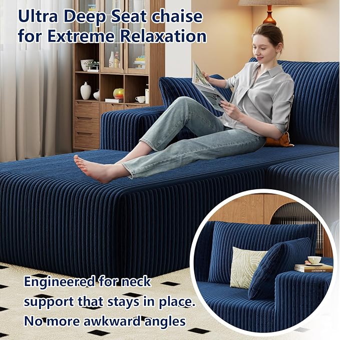 96" Modular Sectional Sofa, Modern Corduroy Cloud Couch with Deep Seat, Boneless Couch Upholstered 3-Seater L-Shaped Sofa for Living Room, No Assembly Required (Blue, Left-Facing Chaise)