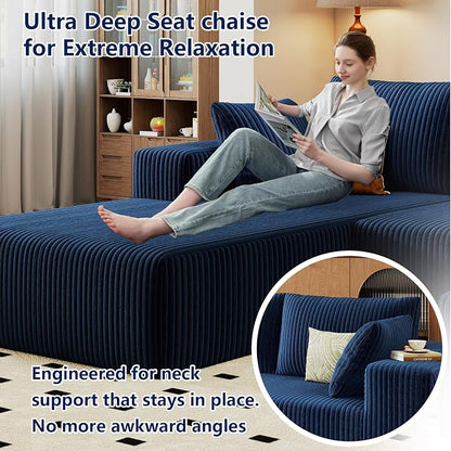 96" Modular Sectional Sofa, Modern Corduroy Cloud Couch with Deep Seat, Boneless Couch Upholstered 3-Seater L-Shaped Sofa for Living Room, No Assembly Required (Blue, Left-Facing Chaise)