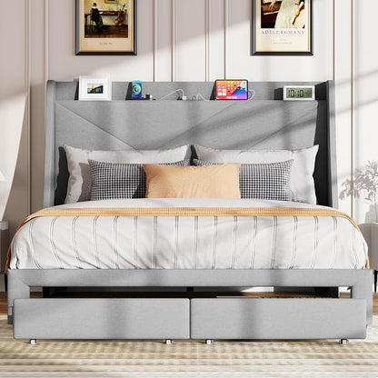DWVO Queen Size Storage Bed Frame, Platform Bed Frame with Integrated Charging Ports, 2 Drawers on Wheels, Upholstered Headboard with Shelf, Easy Assembly, No Box Spring Needed (Gray)