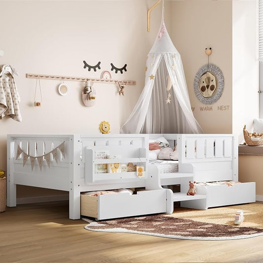 Bellemave Twin Montessori Bed with Stairs, Rails and Slats, Twin Size Montessori Floor Bed with Bookshelf and 2 Storage Drawers, Easy Assemble Beds Frame for Girls, Boys, White