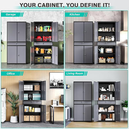 Metal Storage Cabinet with Doors and Shelves,Garage Storage Cabinets with Lock and Drawer,Metal Cabinet with Locking Doors,4 Door Steel Cabinet,71" Tall Lockable Cabinets for Garage,Home,Office