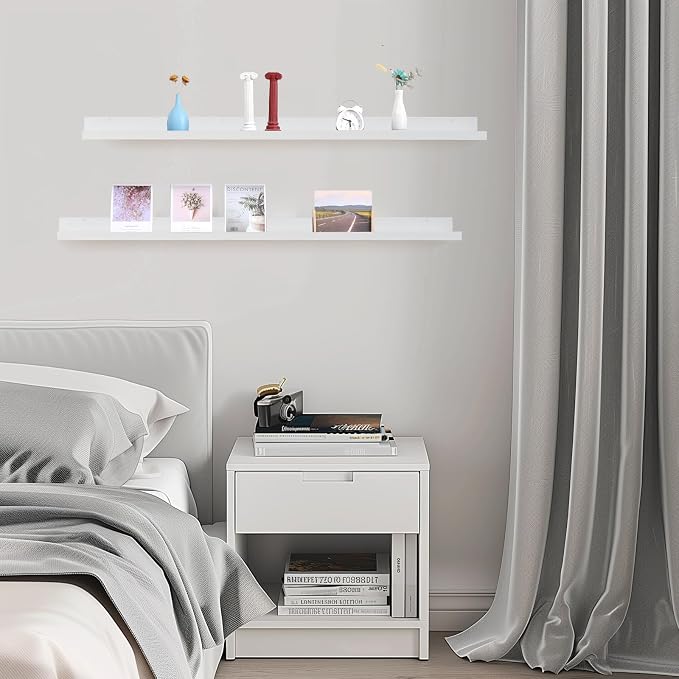 Muzilife 55" Large Floating Wall Ledge Shelves with Lip - Set of 2 Wood Floating Shelves - White Wall Mounted Picture Ledge for Office, Bathroom, Bedroom, Living Room, Kitche