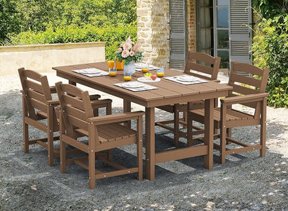 SERWALL 8-Piece Outdoor Dining Sets with 15FT Double Side Outdoor Umbrella, Outdoor HDPE Dining Furniture Set with Umbrella Hole Cut-Out Table and 6 Chairs, Brown（Umbrella Base not Included）