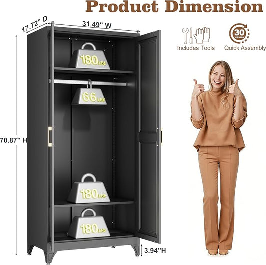 71" Black Metal Wardrobe Closet with Full-Length Mirror, 18" Deep Steel Armoire Clothes Storage Cabinet with Sturdy Hanging Rod & Adjustable Shelves for Bedroom Home Office