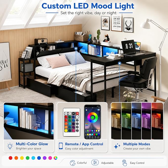 Bellemave Queen Corner Bed Frame with Storage Bookcase & 2 Drawers, Modern Metal Queen Daybed with LED Lights & Charging Station, Reversible Queen Size Corner Bed with Desk for Space-Saving, Black