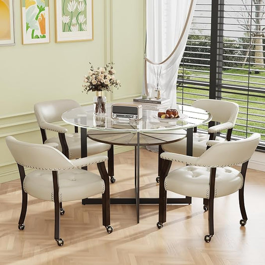 LEEMTORIG Set of 4 Dining Chairs with Casters and Arms, Large Rolling Dining Chairs with Wheels, Game Chairs, Wood Boss Caption's Chair, 26"D x 25.2"W x 31.5"H, Espresso Legs & Beige PU, XXY-1910-BG