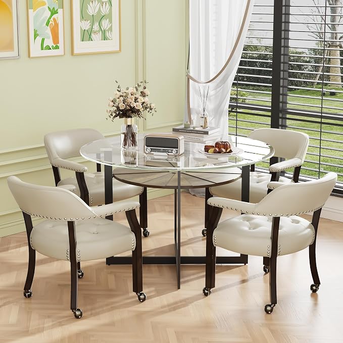 LEEMTORIG Large Dining Chairs with Casters and Arms, Rolling Dining Chairs with Wheels, Solid Wood Office Desk Chairs, 26“Dx25.2 Wx31.5“H, Espresso Legs & Beige PU, XXY-1910-BG