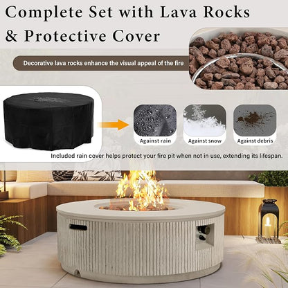 Merax 38.19'' MGO Propane Outdoor Fire Pit with Vertical Stripe Design, 50000 BTU Round Fire Pit Table with Steel Burner, Adjustable Flame Control, Lava Rocks & Rain Cover for Patio&Backyard, Beige