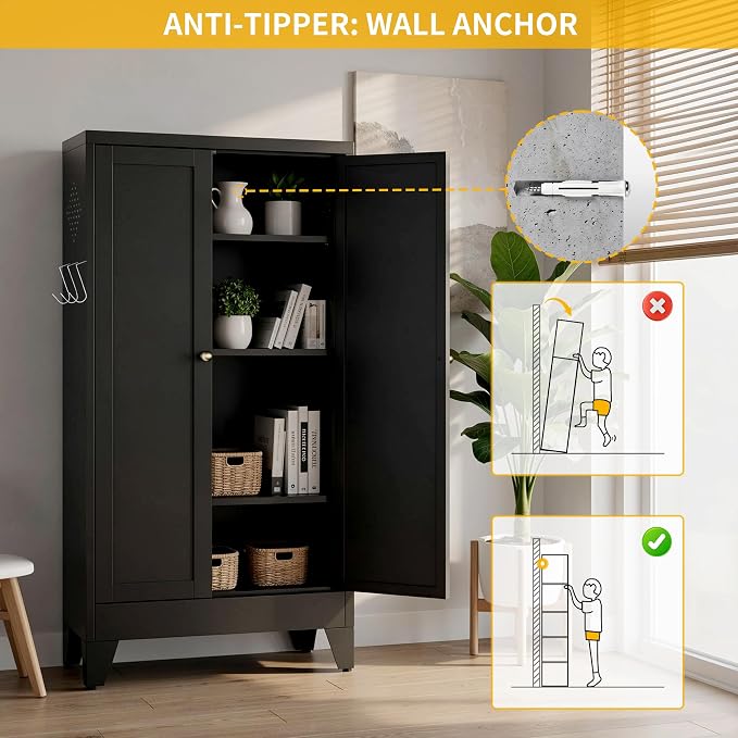 Metal Pantry Cabinet, Kitchen Pantry Storage Cabinets with 2 Doors and 3 Adjustable Shelves, White Kitchen Pantry Cabinet for Dining Room, Living Room, Assemble Required (Black)